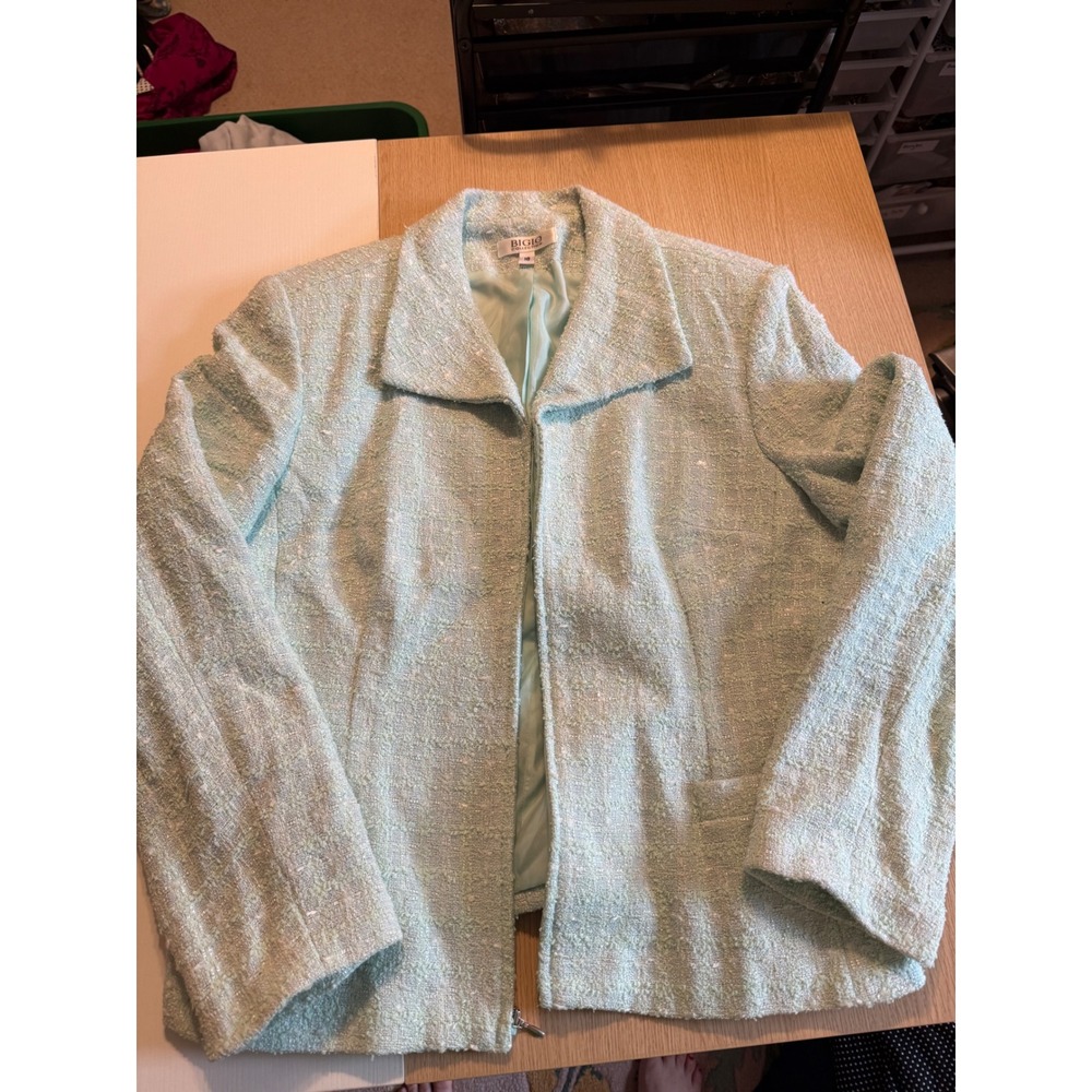 Bigio Collection Mint Green Tweed Zip Front Blazer Jacket Size 18 Made in USA